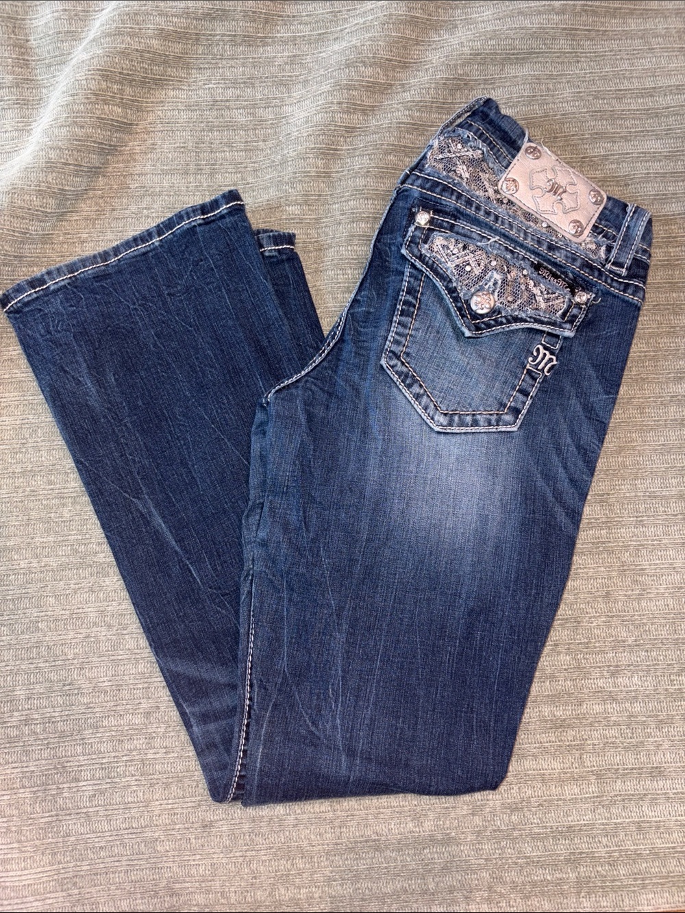 Miss Me Dark Blue Boot Cut Jeans with Embroidered Pockets